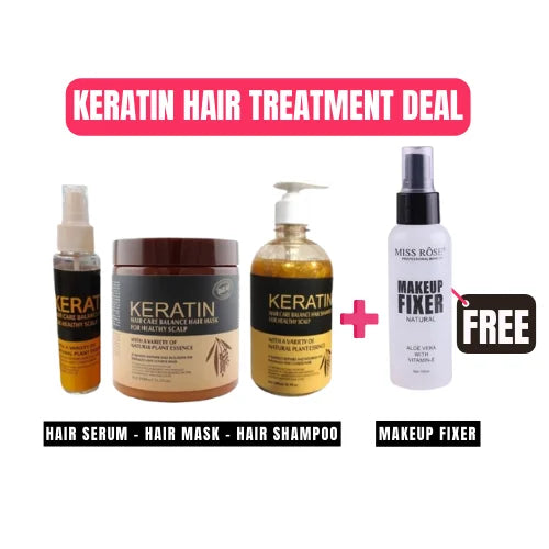 Deal Of 3 Keratin Hair Treatment | Hair Mask + Hair Shampoo + Hair Serum With Free Makeup Fixer